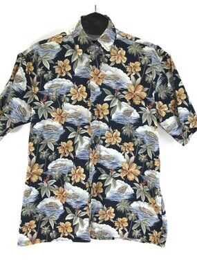 Campia Moda Hibiscus Yacht Print Shirt Men's Large Short Sleeve Cotton Aloha